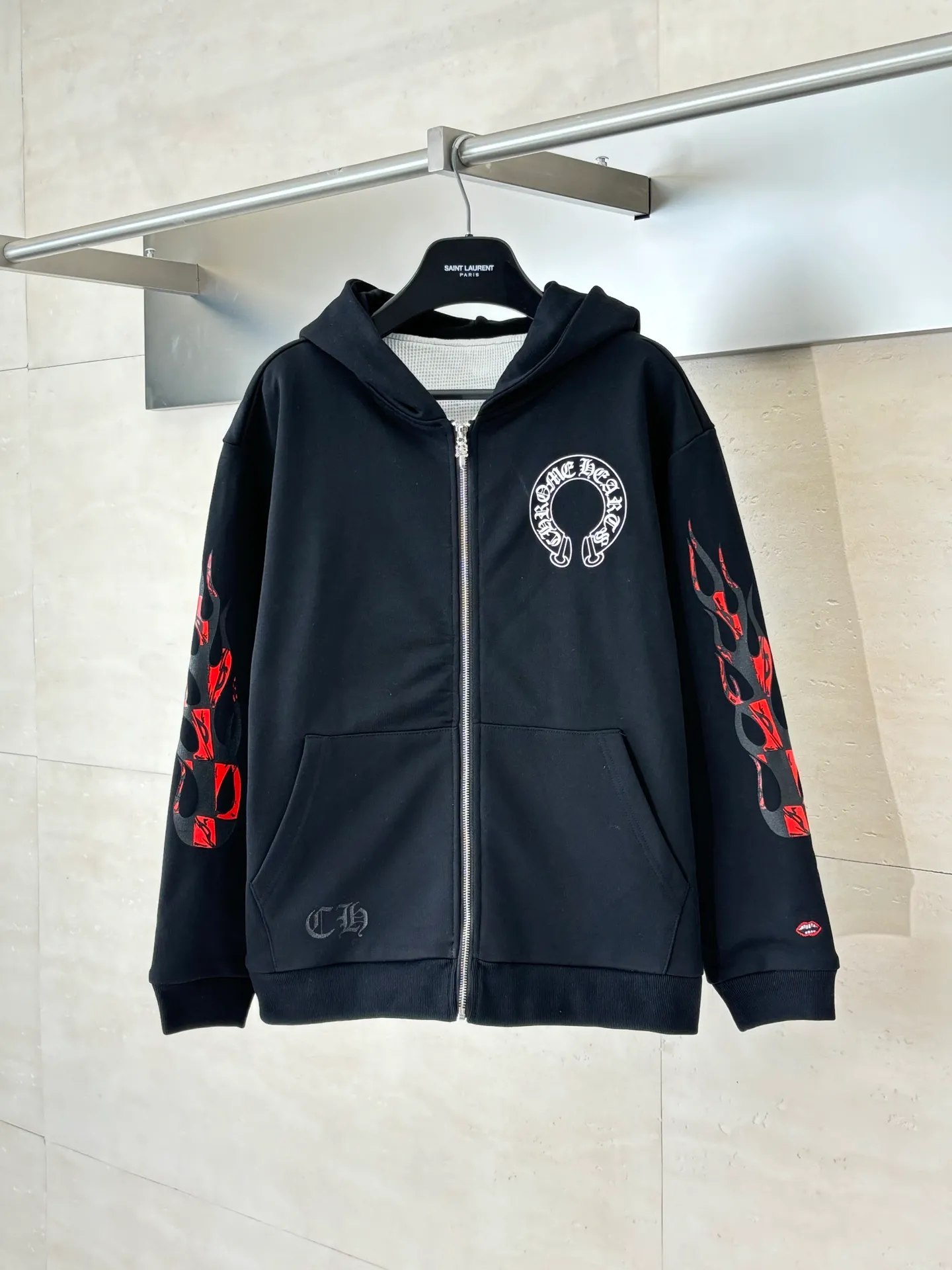 P526 Chrome Heart*/Chrome Heart Ch flame print hooded zipper sweatshirt Size: S/M/L/XL